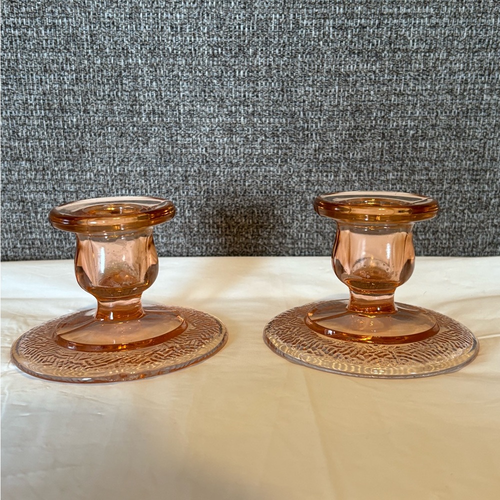 Vintage Pair of Depression Glass Candlestick Holders Light Pink Collectible